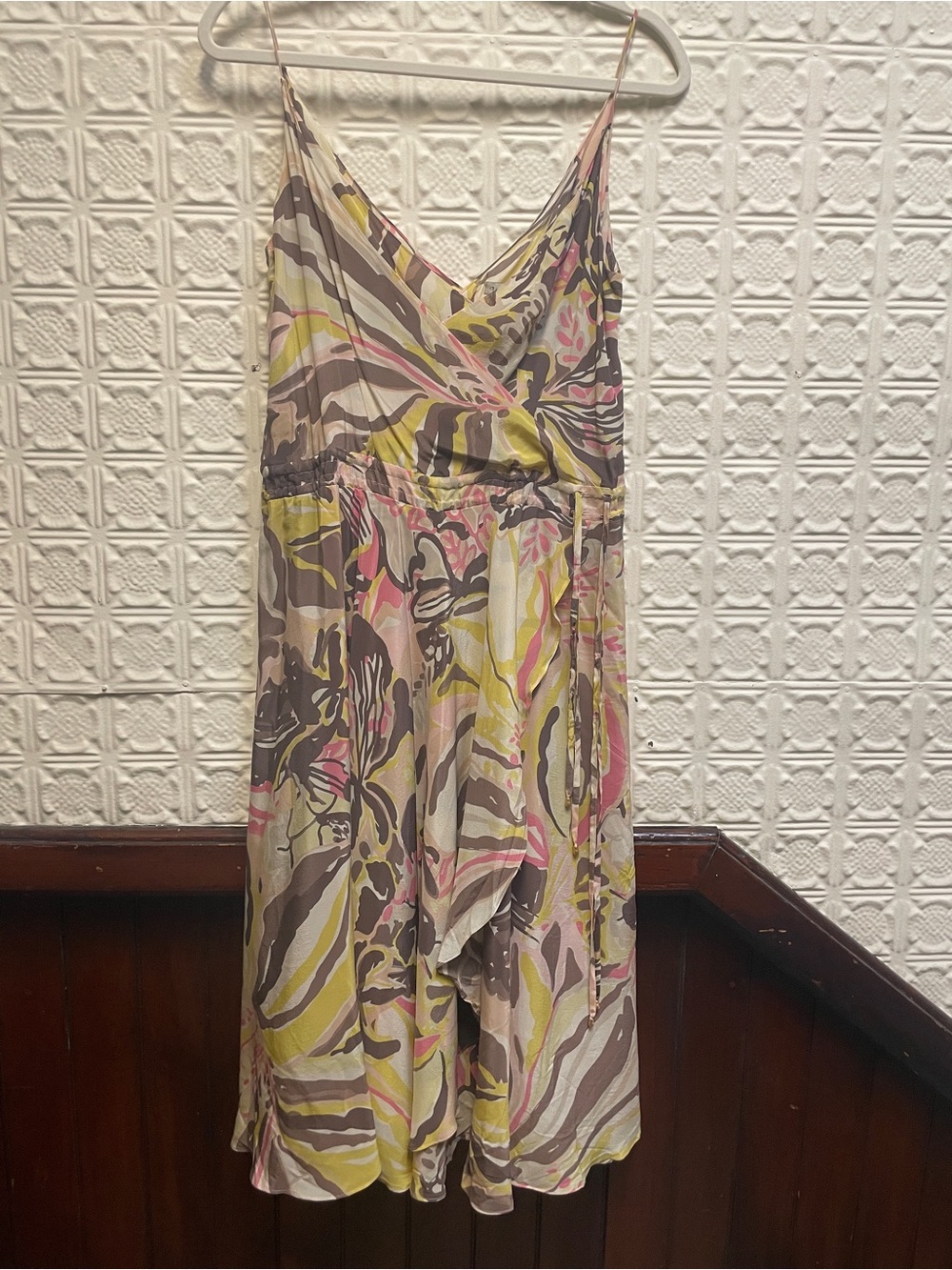 Liefsdottir Silk Printed Spaghetti Strap Midi Dress in Pink, Yellow & Taupe